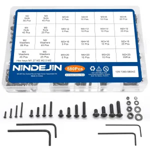 NINDEJIN 580pcs M2 M3 M4 M5 Hex Socket Cap Screws Set, 8 12 16 20mm Screw Bolts and Nuts Assortment Kit, 304 Stainless Steel Metric Hex Socket Screws and Nuts and Flat Wahser Set, Fully Machine Thread
