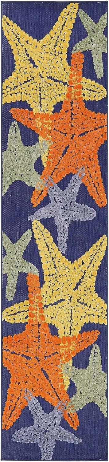 Nourison Aloha Indoor/Outdoor Blue Multicolor 2' x 6' Area Rug, Easy Cleaning, Non Shedding, Bed Room, Living Room, Dining Room, Backyard, Deck, Patio (2x6)
