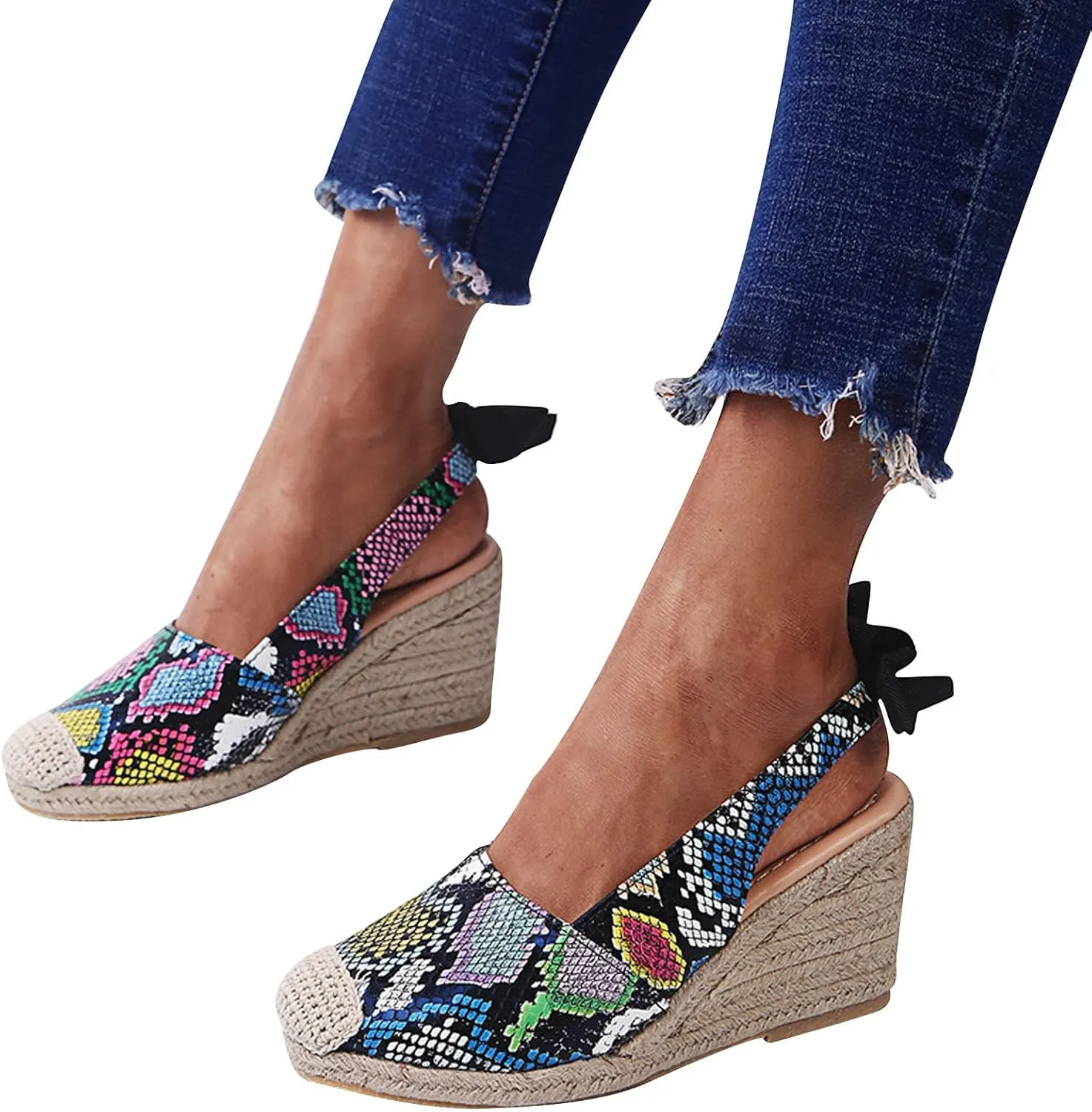 oiangi Espadrille Wedge Sandals for Women Dressy Summer Fashion Closed Toe Serpentine Bow Tie Slingback High Heel Sandals Comfy Outdoor Ladies Shoes