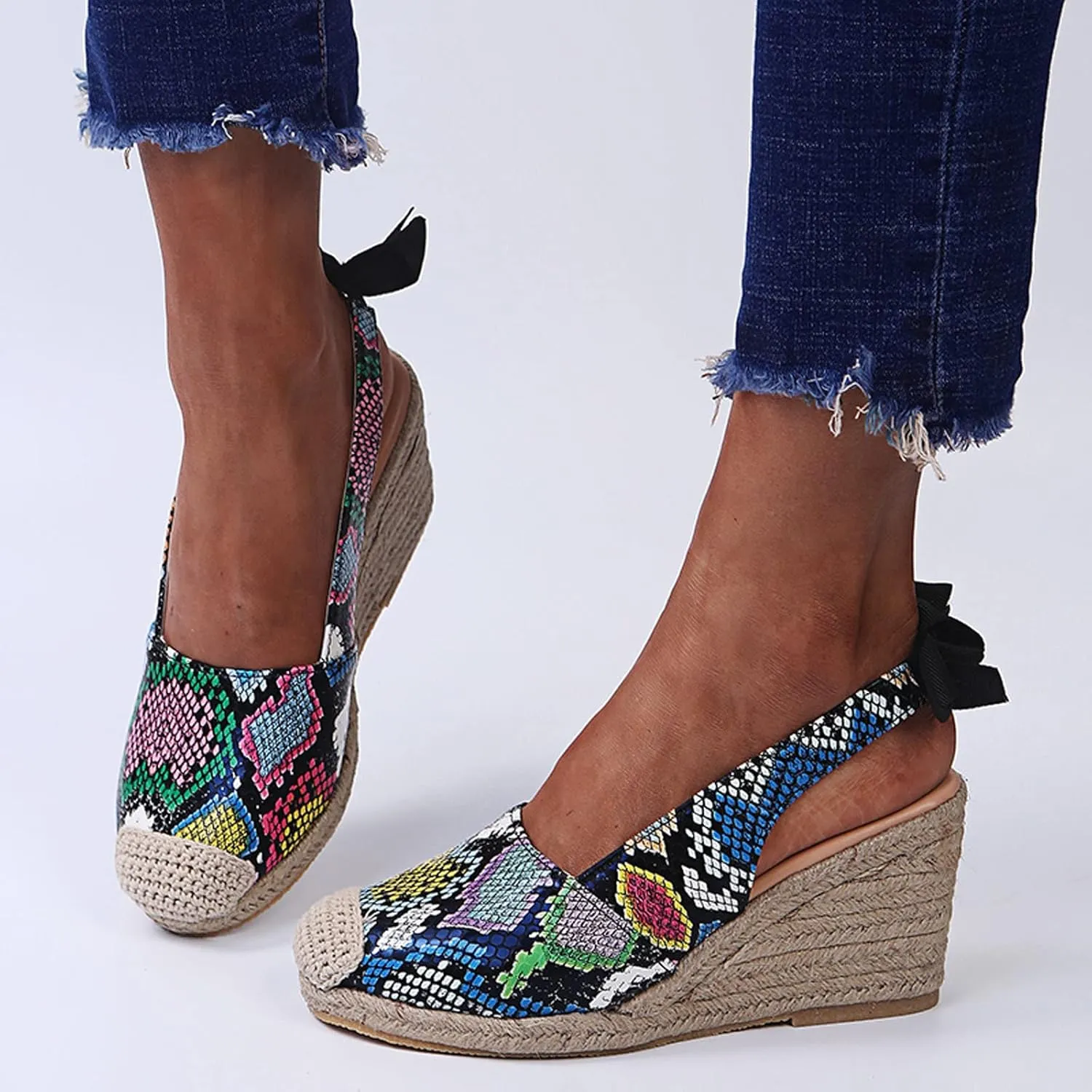 oiangi Espadrille Wedge Sandals for Women Dressy Summer Fashion Closed Toe Serpentine Bow Tie Slingback High Heel Sandals Comfy Outdoor Ladies Shoes