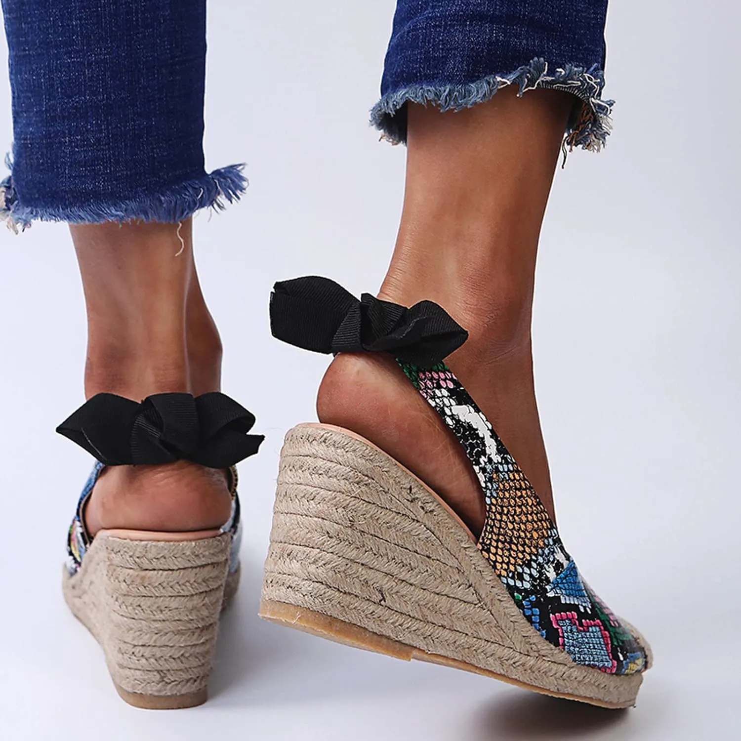 oiangi Espadrille Wedge Sandals for Women Dressy Summer Fashion Closed Toe Serpentine Bow Tie Slingback High Heel Sandals Comfy Outdoor Ladies Shoes