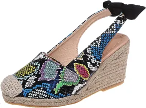 oiangi Espadrille Wedge Sandals for Women Dressy Summer Fashion Closed Toe Serpentine Bow Tie Slingback High Heel Sandals Comfy Outdoor Ladies Shoes