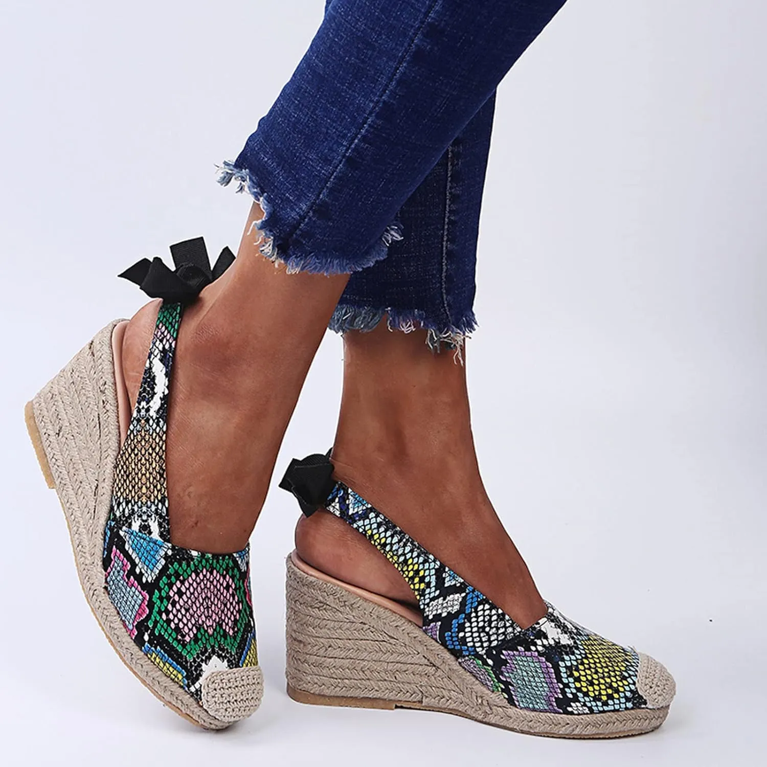 oiangi Espadrille Wedge Sandals for Women Dressy Summer Fashion Closed Toe Serpentine Bow Tie Slingback High Heel Sandals Comfy Outdoor Ladies Shoes