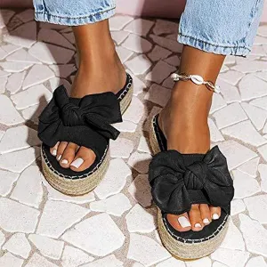OMIREL Womens Espadrilles Slip on Wedge Sandals Slides Knot Bow Platform Open Toe Summer Mules Shoes Orthopedic Walking Slippers with Arch Support Anti-Slip Breathable Flip Flop,Black,US9/EU41