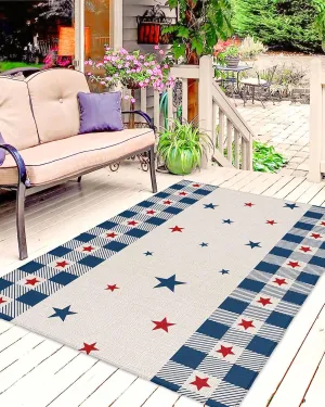 Outdoor Rug, 4th of July USA Flag Star Patriot Cotton Linen Indoor Outdoor Area Rug, Easy Cleaning Non Shedding Outside Large Floor Mat and Rug for Patio Deck Camping Beach Backyard, 6’x9’