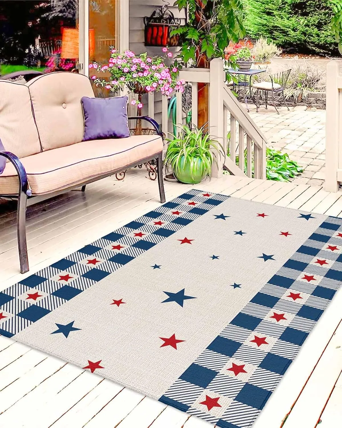 Outdoor Rug, 4th of July USA Flag Star Patriot Cotton Linen Indoor Outdoor Area Rug, Easy Cleaning Non Shedding Outside Large Floor Mat and Rug for Patio Deck Camping Beach Backyard, 6’x9’
