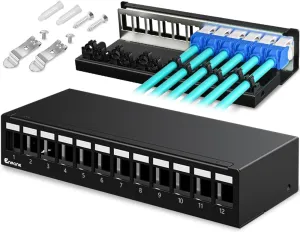 Patch Panel 12 Port Blank Keystone Patch Panel STP&UTP Compatible with LC/SC/ST/FC/USB/HDMI Keystone Jack for Desk Mount& Wall Mount