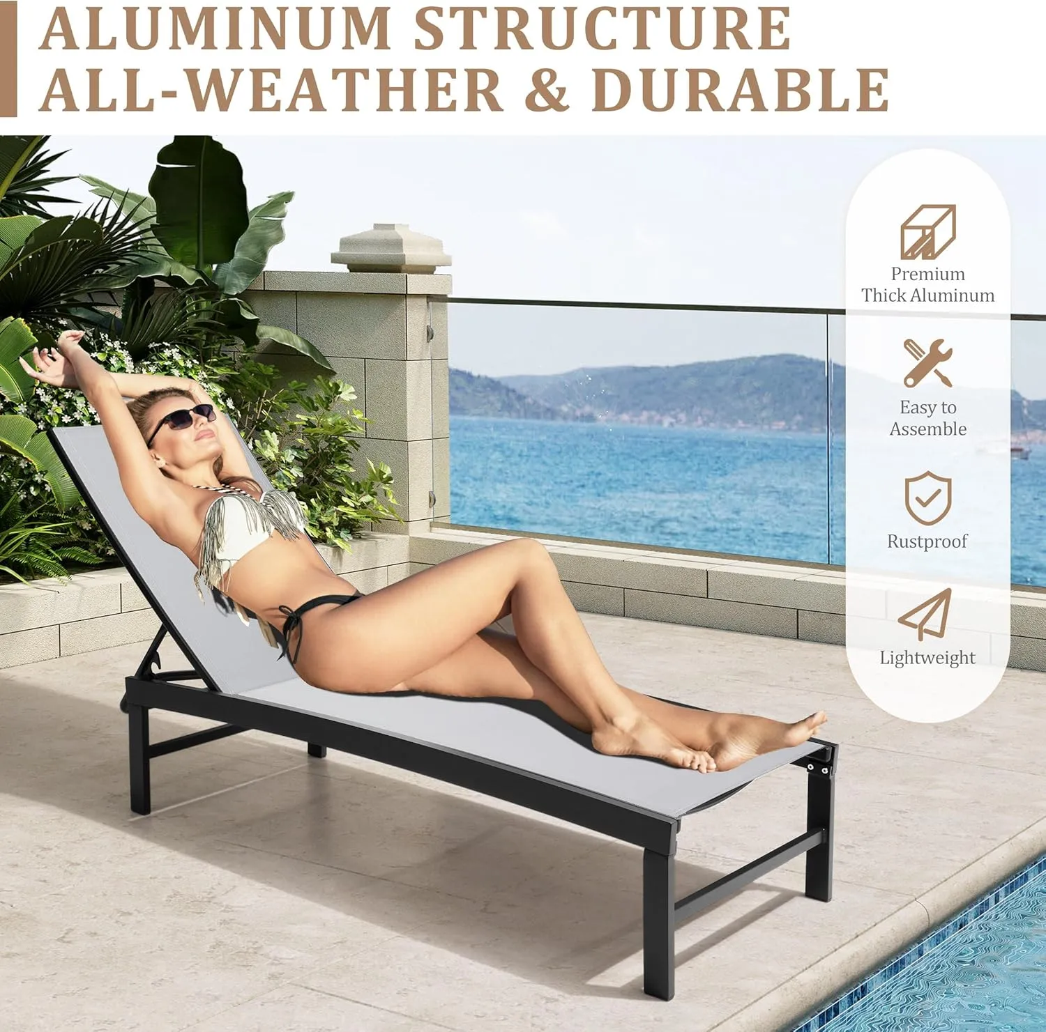 Patio Aluminum Chaise Lounge Chair, Outdoor Recliner Lounge Chair Sun Loungers, All Weather Chaise with 5 Adjustable Backrest and Lay Flat Positions for Garden, Balcony, Pool, Light Gray