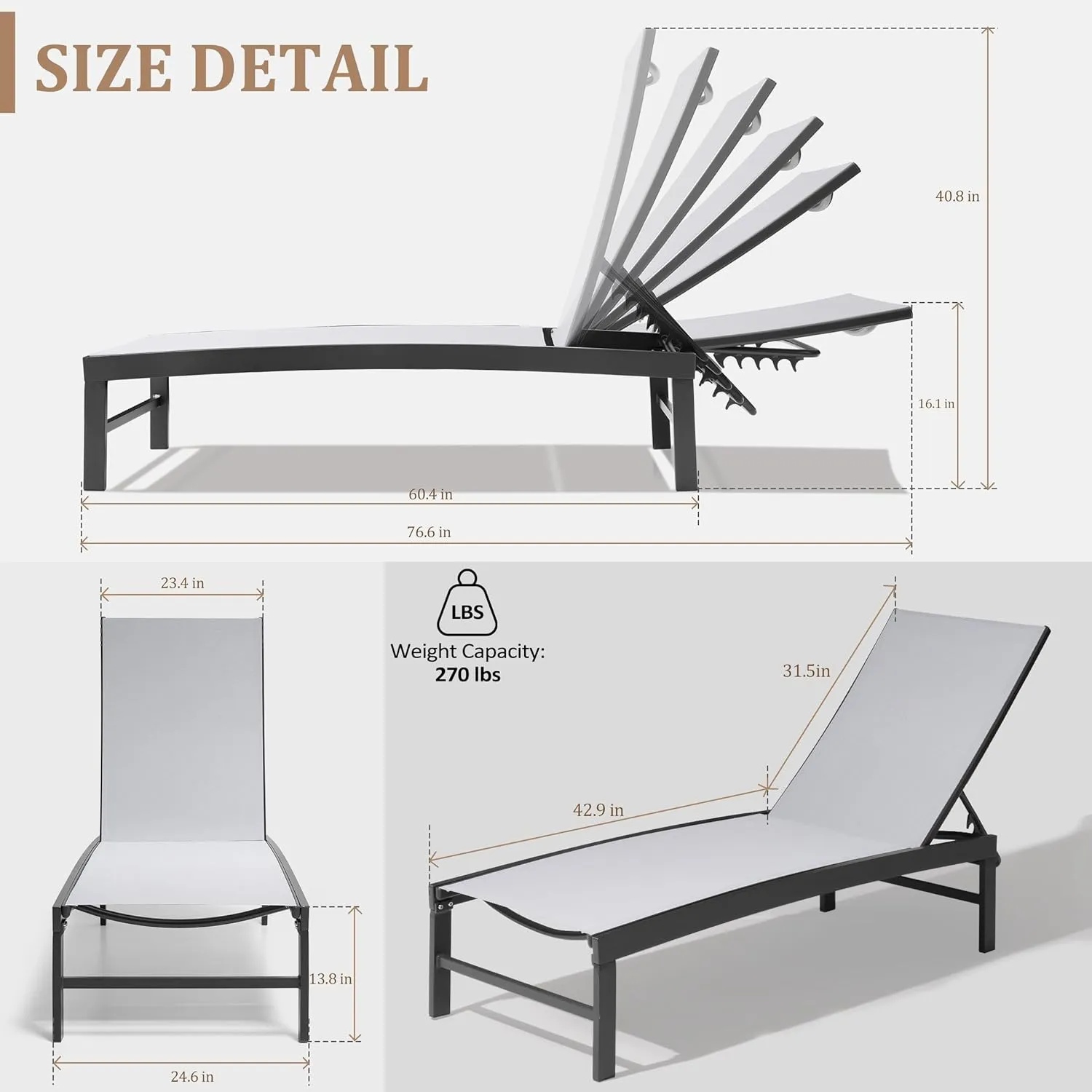 Patio Aluminum Chaise Lounge Chair, Outdoor Recliner Lounge Chair Sun Loungers, All Weather Chaise with 5 Adjustable Backrest and Lay Flat Positions for Garden, Balcony, Pool, Light Gray