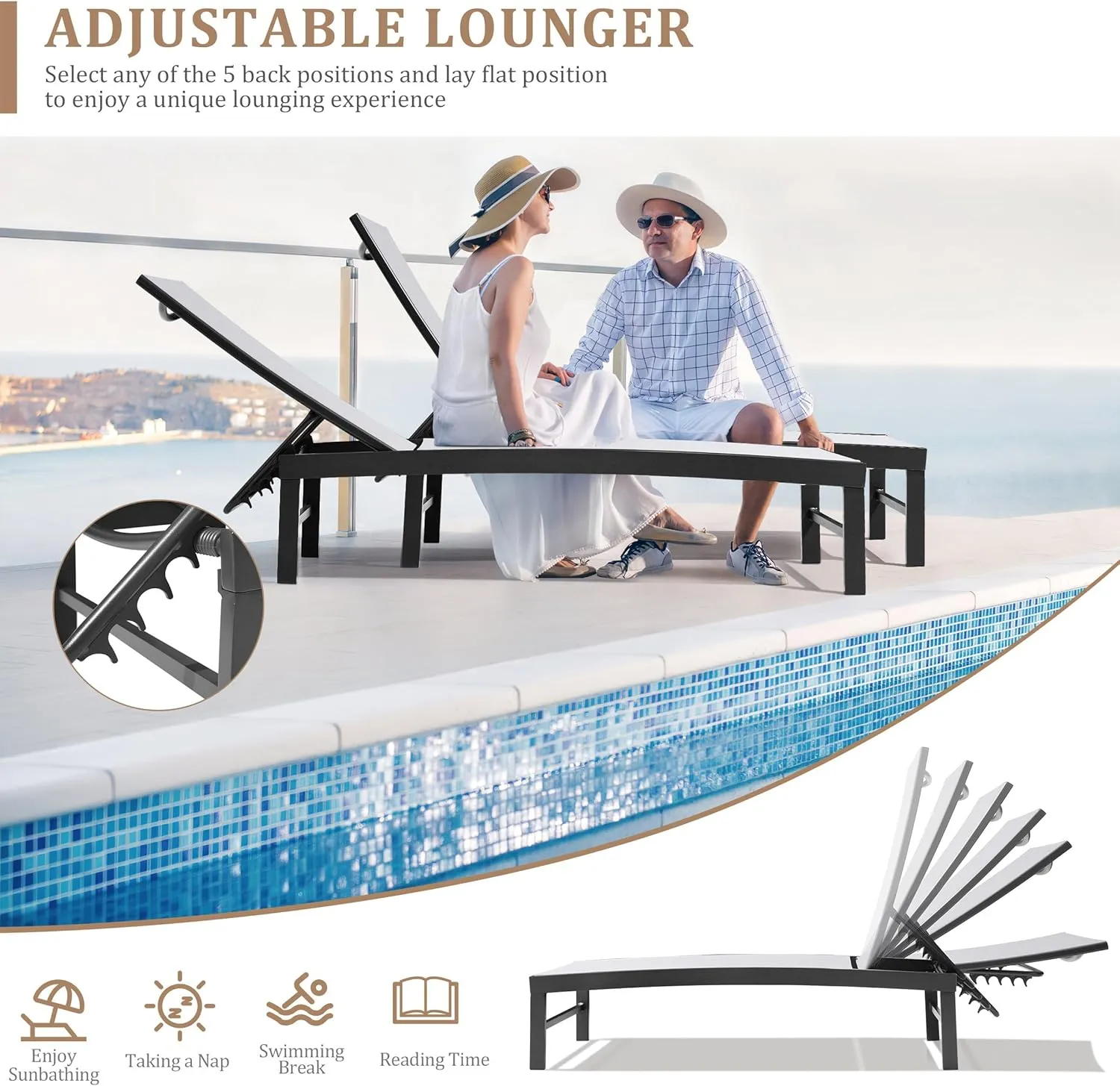 Patio Aluminum Chaise Lounge Chair, Outdoor Recliner Lounge Chair Sun Loungers, All Weather Chaise with 5 Adjustable Backrest and Lay Flat Positions for Garden, Balcony, Pool, Light Gray