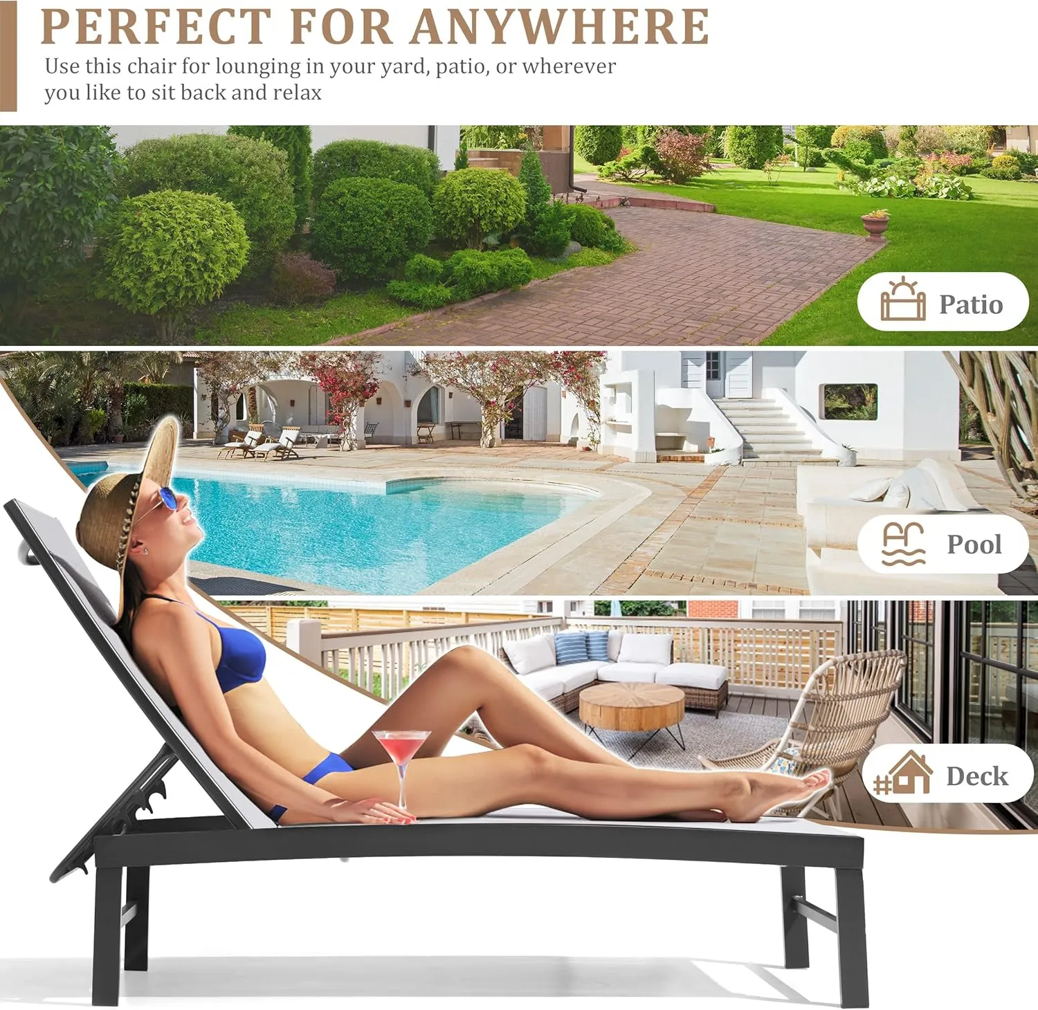 Patio Aluminum Chaise Lounge Chair, Outdoor Recliner Lounge Chair Sun Loungers, All Weather Chaise with 5 Adjustable Backrest and Lay Flat Positions for Garden, Balcony, Pool, Light Gray