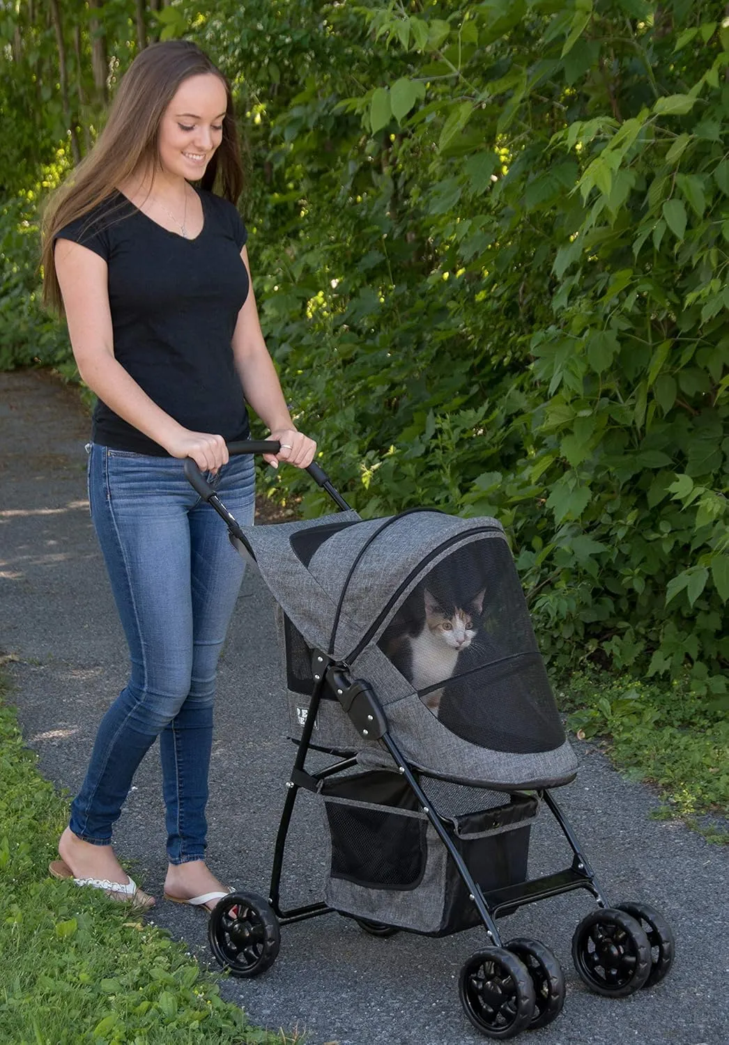 Pet Gear Happy Trails Lite Pet Stroller for Cats/Dogs, Zipper Entry, Easy Fold with Removable Liner, Safety Tether, Storage Basket