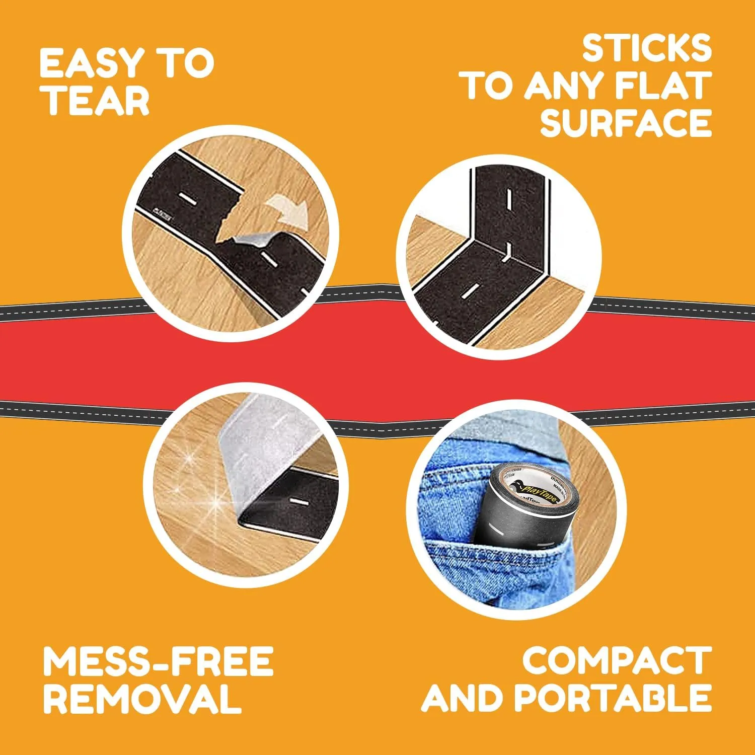 PlayTape Road Tape for Toy Cars - No Residue, Great Travel Toy; 10-Pack of 30 ft. x 2 in. Asphalt Road
