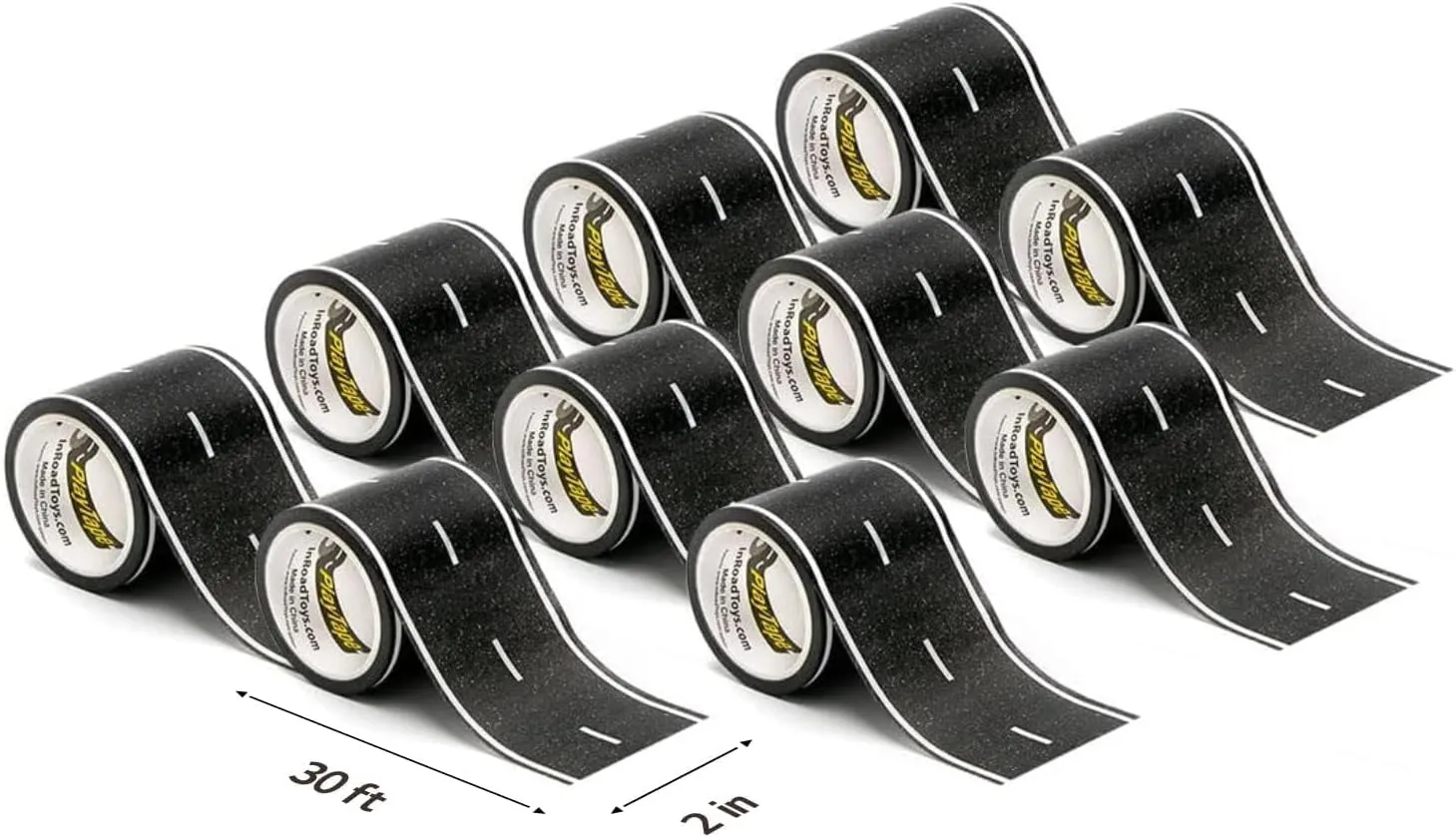 PlayTape Road Tape for Toy Cars - No Residue, Great Travel Toy; 10-Pack of 30 ft. x 2 in. Asphalt Road