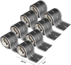 PlayTape Road Tape for Toy Cars - Sticks to Flat Surfaces, No Residue; 8-Pack of 30 ft. x 2 in. Asphalt Road