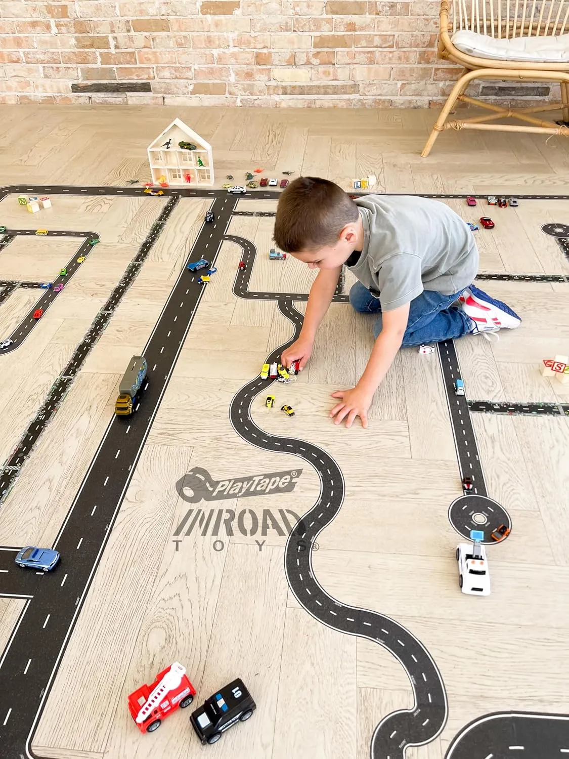 PlayTape Road Tape for Toy Cars - Sticks to Flat Surfaces, No Residue; 8-Pack of 30 ft. x 2 in. Asphalt Road