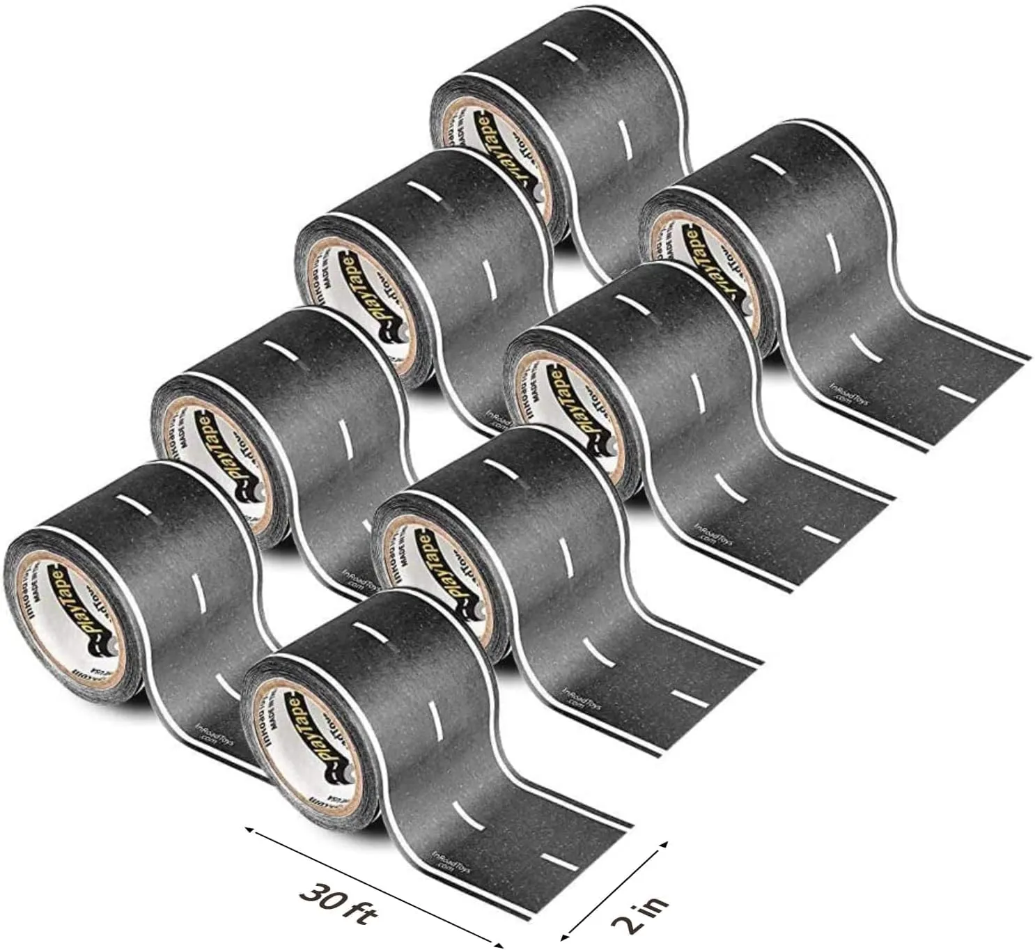 PlayTape Road Tape for Toy Cars - Sticks to Flat Surfaces, No Residue; 8-Pack of 30 ft. x 2 in. Asphalt Road