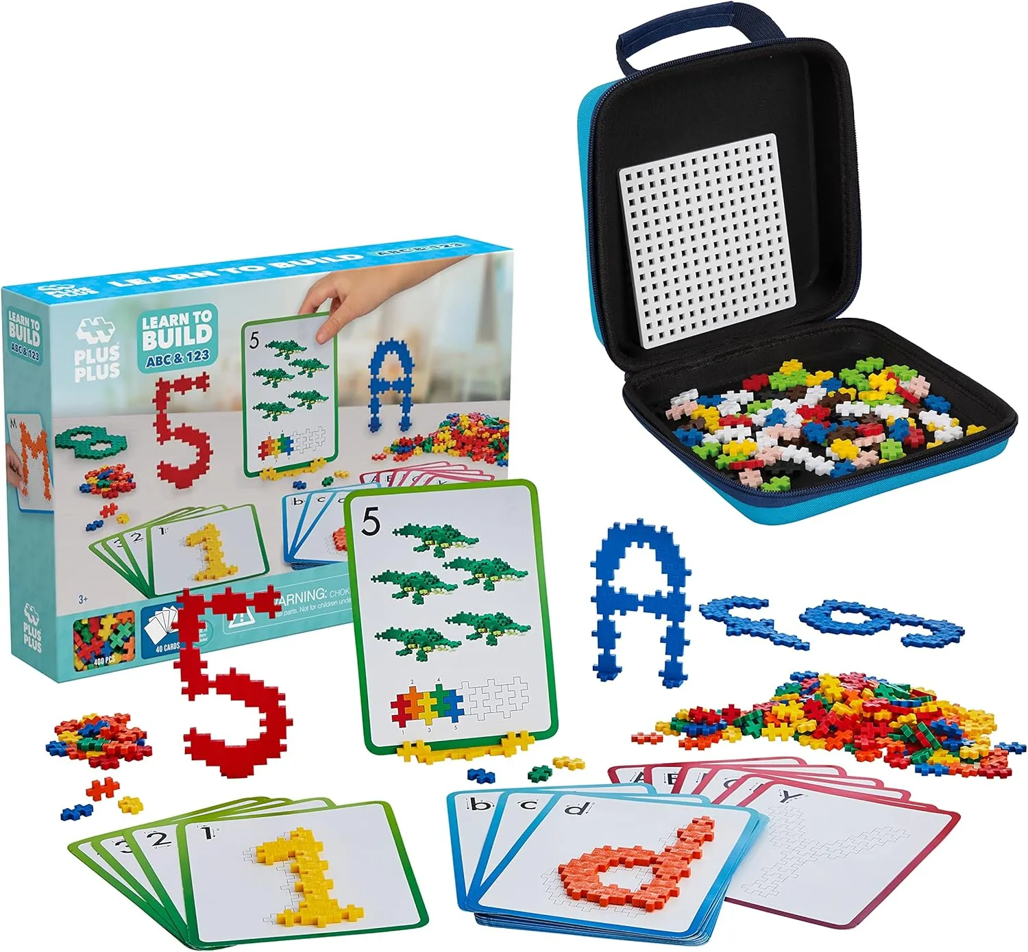 PLUS PLUS - Learn to Build ABC & 123 w/Travel Case, 500 Piece Bundle - Construction Building Stem/Steam Toy, Interlocking Mini Puzzle Blocks for Kids