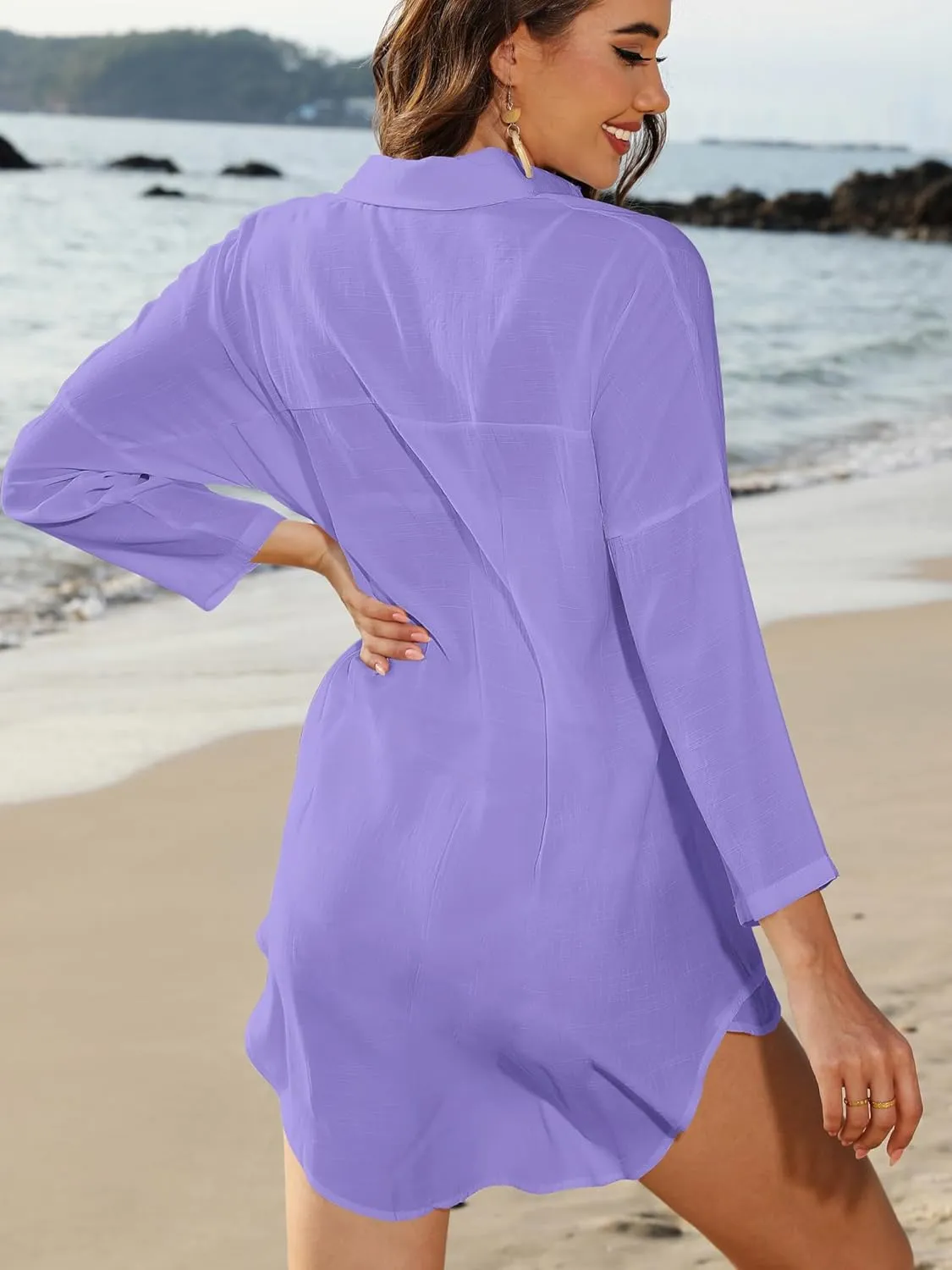 POGTMM Women's Swimsuit Cover Up Summer Beachwear Button Down Shirt Bikini Bathing Suit Beach Coverup Mini Dresses