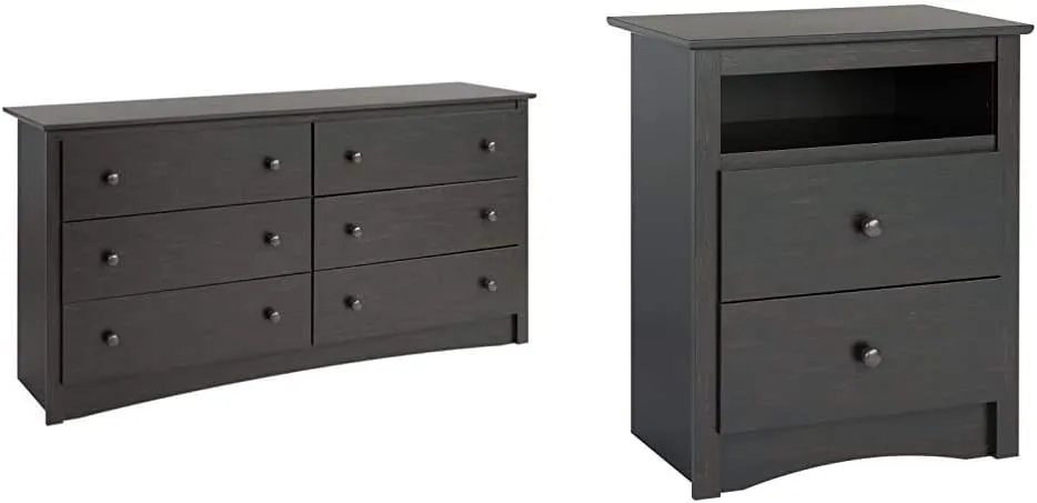Prepac Sonoma 6 Drawer Double Dresser   Nightstand Bedroom Furniture Set (2 Pieces), Washed Black