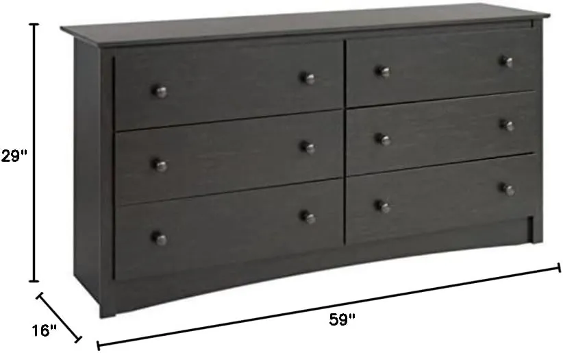 Prepac Sonoma 6 Drawer Double Dresser   Nightstand Bedroom Furniture Set (2 Pieces), Washed Black