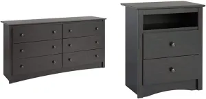 Prepac Sonoma 6 Drawer Double Dresser   Nightstand Bedroom Furniture Set (2 Pieces), Washed Black