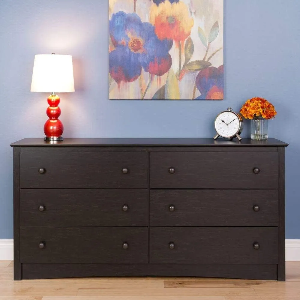 Prepac Sonoma 6 Drawer Double Dresser   Nightstand Bedroom Furniture Set (2 Pieces), Washed Black