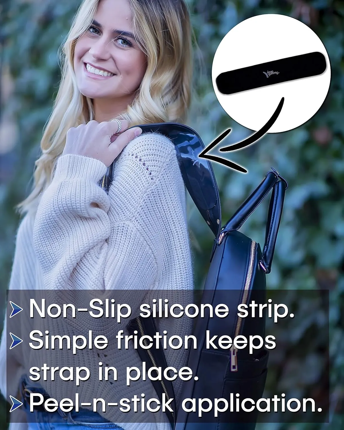 Prevent Strap Slips - The Original Non Slip Shoulder Strap Grip Strips – Set of Large Black or Small Semi-Clear