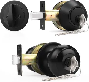 Probrico Keyed Alike Round Ball Entry Door Knob and Single Cylinder Deadbolt Set, Flat Black, 1Pack
