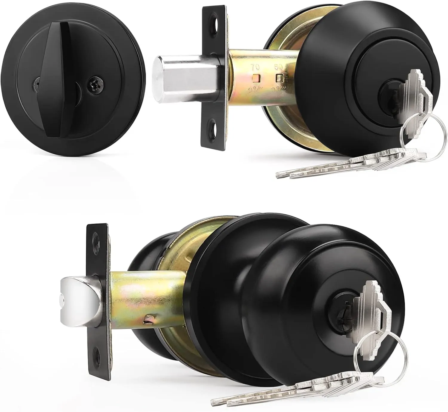 Probrico Keyed Alike Round Ball Entry Door Knob and Single Cylinder Deadbolt Set, Flat Black, 1Pack