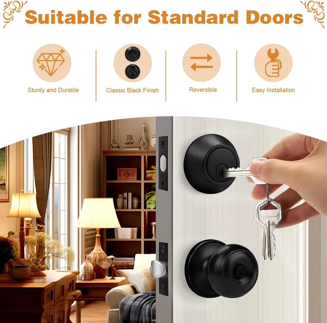 Probrico Keyed Alike Round Ball Entry Door Knob and Single Cylinder Deadbolt Set, Flat Black, 1Pack