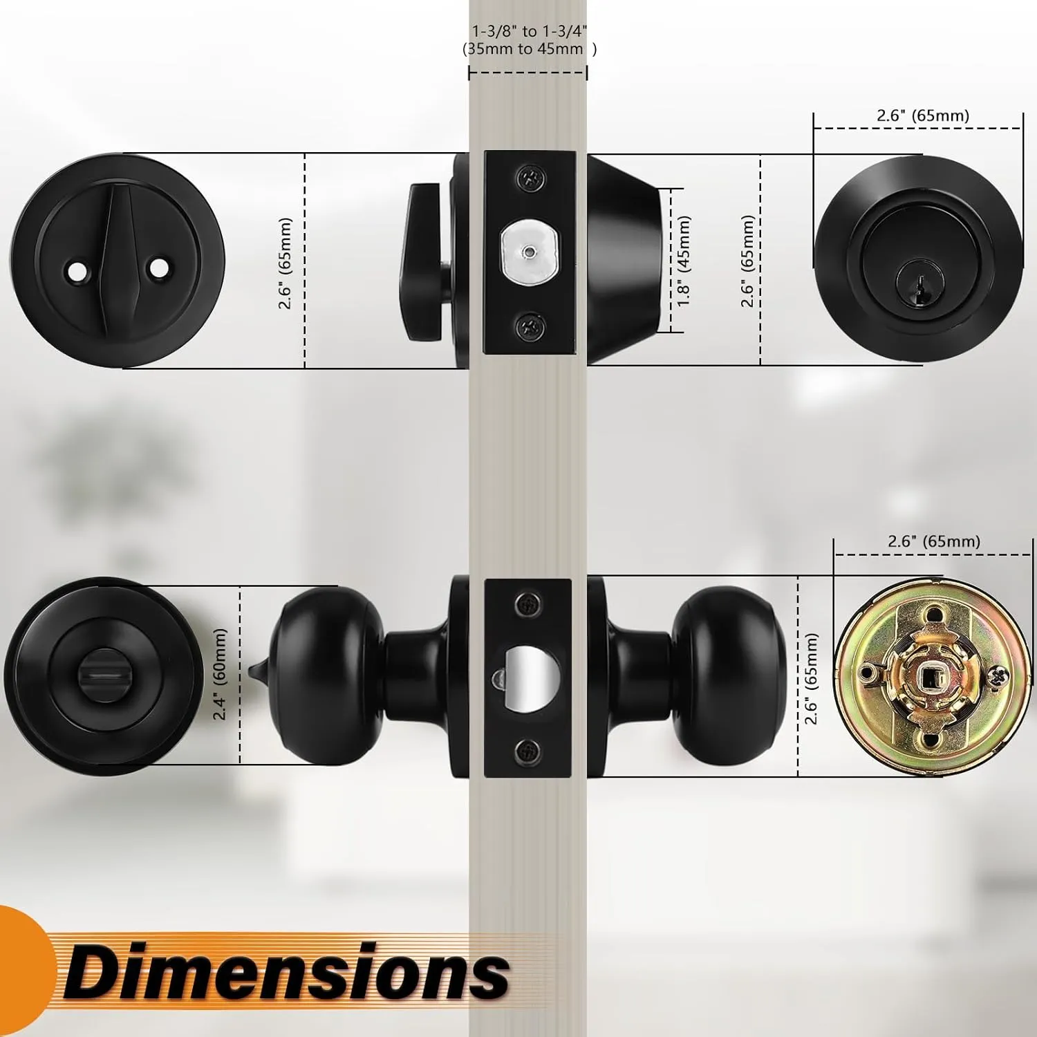 Probrico Keyed Alike Round Ball Entry Door Knob and Single Cylinder Deadbolt Set, Flat Black, 1Pack