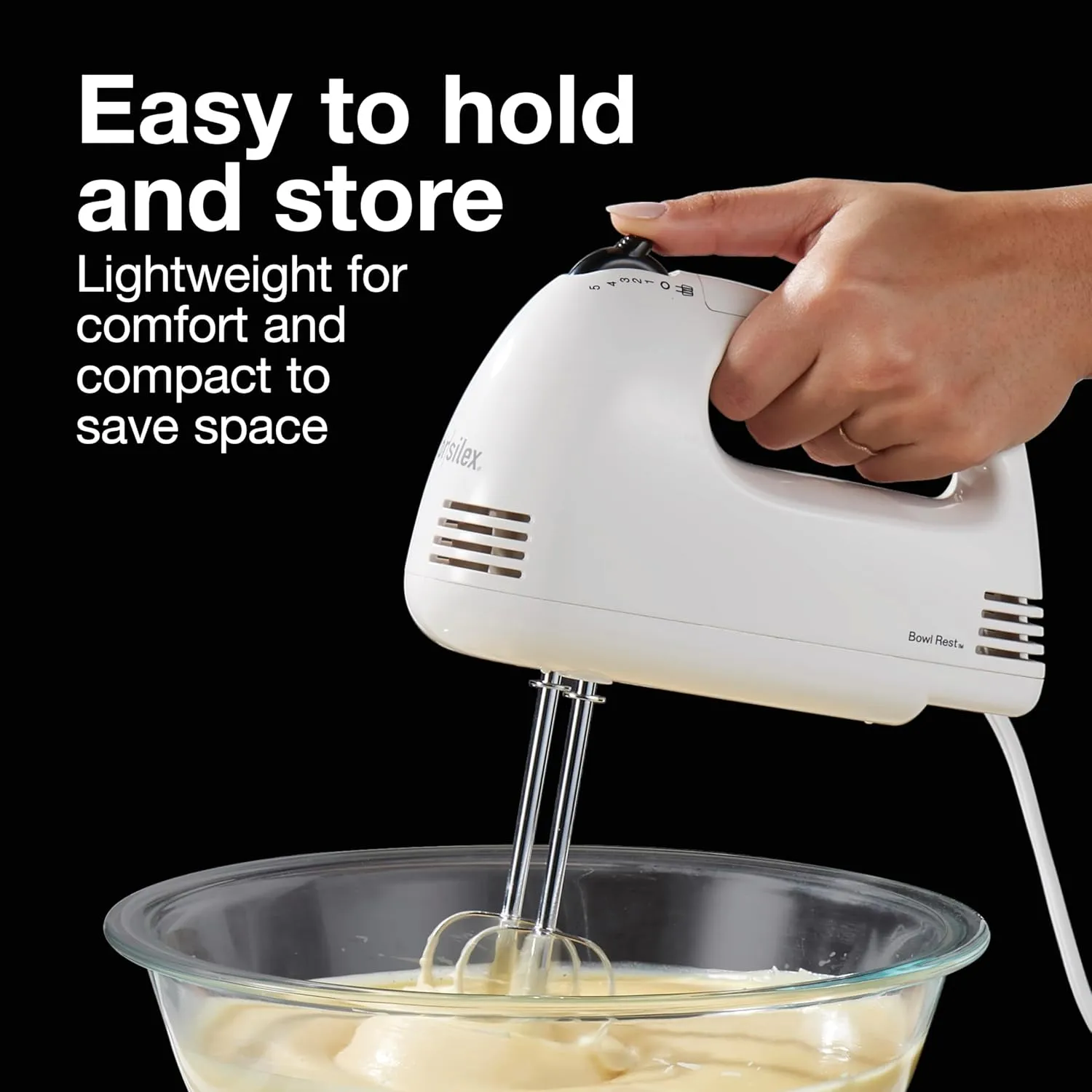 Proctor Silex Easy Mix 5-Speed Electric Hand Mixer with Bowl Rest, Compact and Lightweight, 100 Watts of Peak Power, White (62515PS)