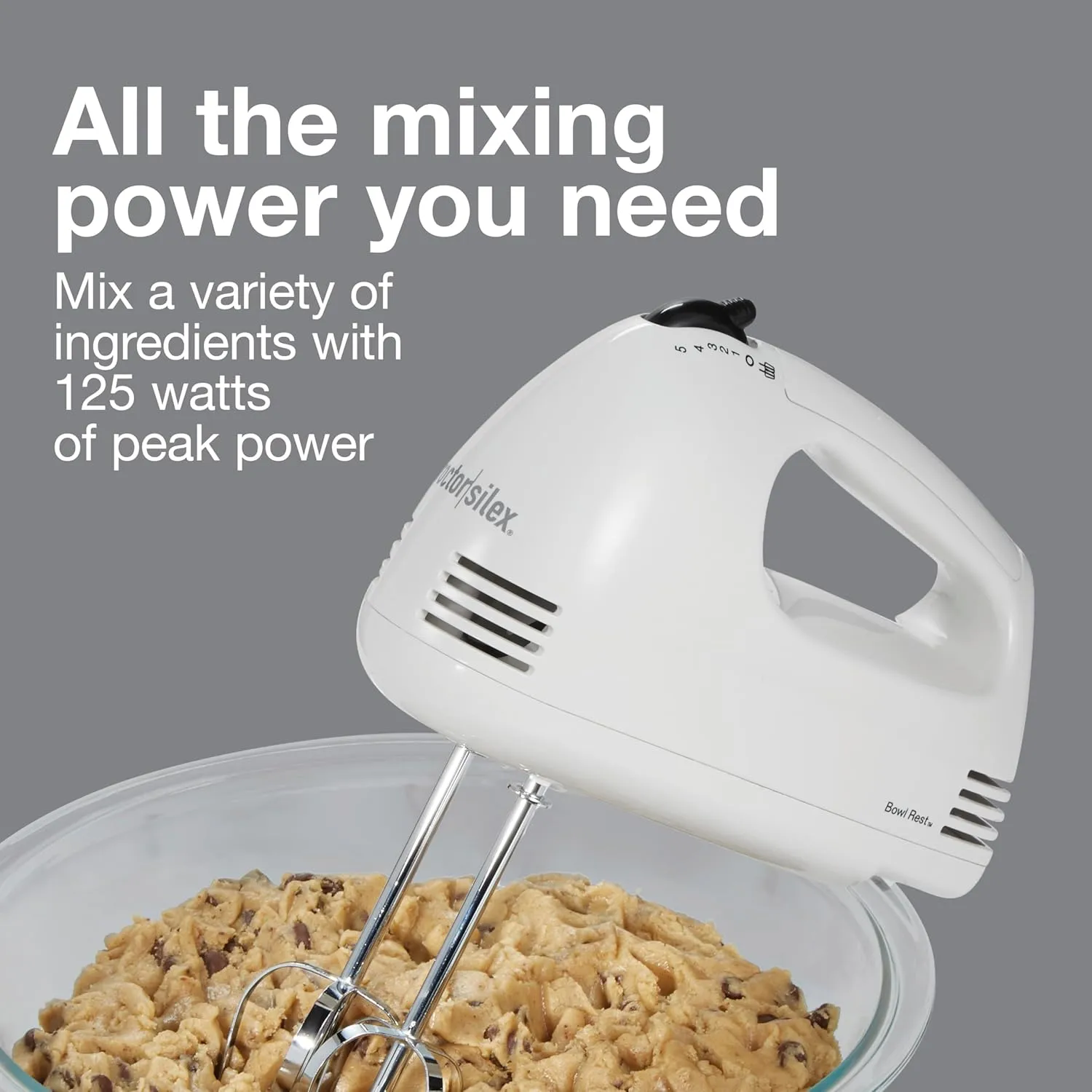 Proctor Silex Easy Mix 5-Speed Electric Hand Mixer with Bowl Rest, Compact and Lightweight, 100 Watts of Peak Power, White (62515PS)