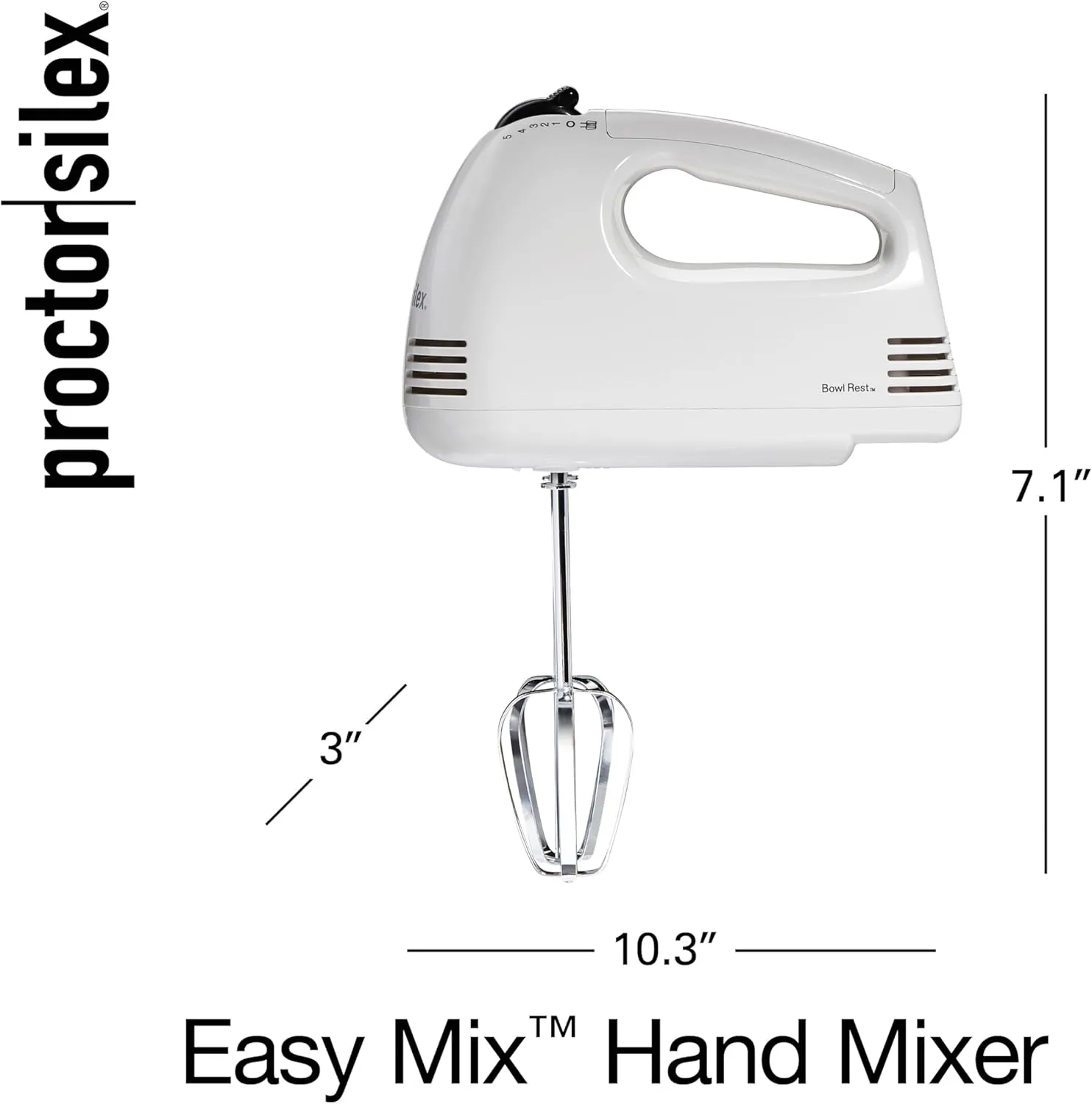 Proctor Silex Easy Mix 5-Speed Electric Hand Mixer with Bowl Rest, Compact and Lightweight, 100 Watts of Peak Power, White (62515PS)