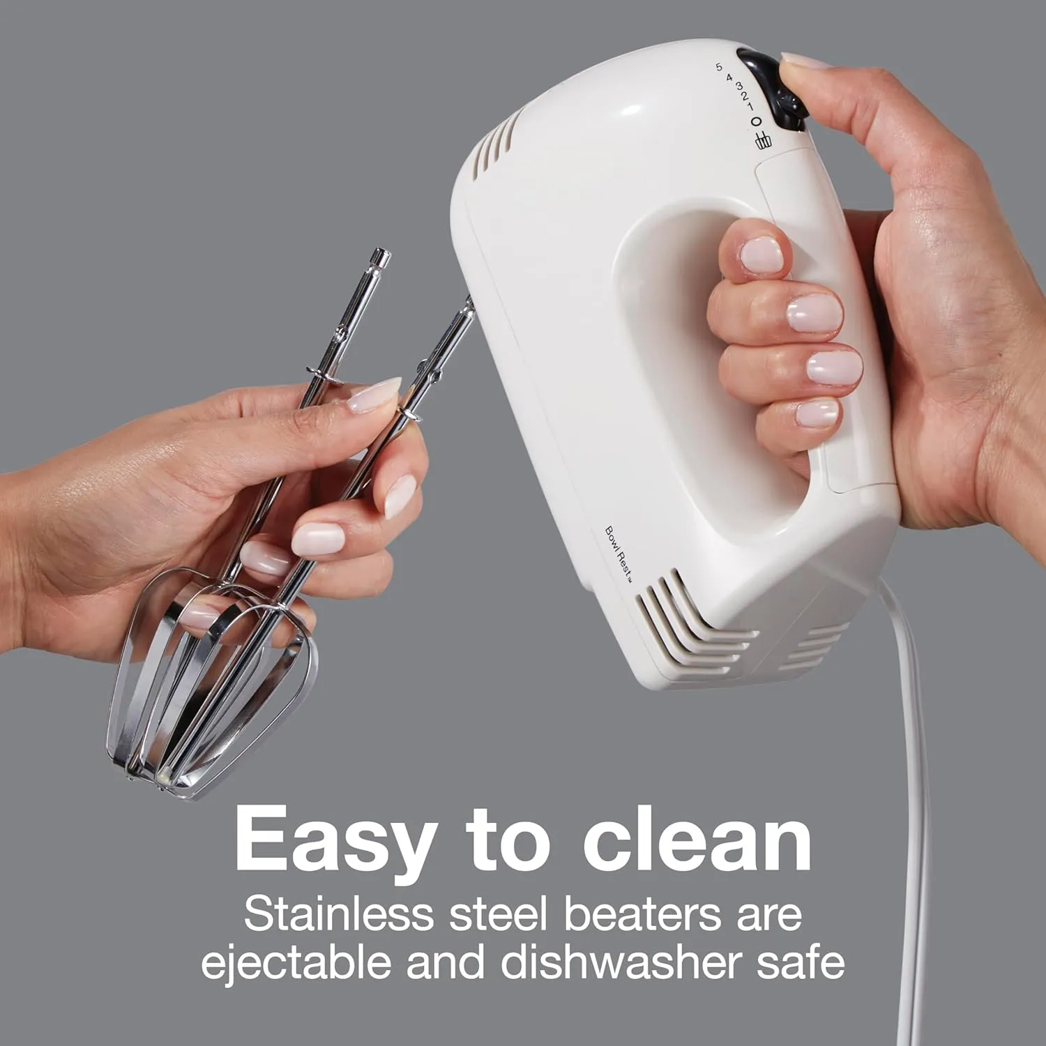 Proctor Silex Easy Mix 5-Speed Electric Hand Mixer with Bowl Rest, Compact and Lightweight, 100 Watts of Peak Power, White (62515PS)