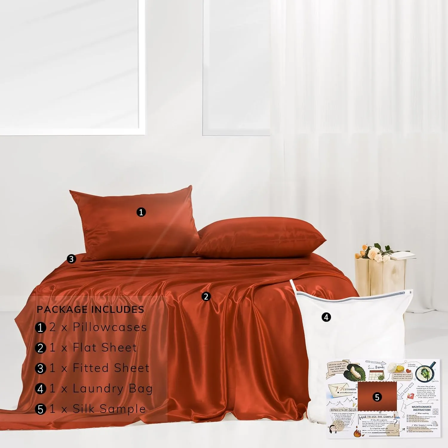 PROMEED Queen Silk Sheets Set 4pcs - 23 Momme - Mulberry Silk Bed Sheets Queen Set with Fitted & Flat Sheet and Pillowcases, Easy Care with Wash Bag (Dusk, Queen)