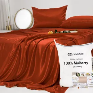 PROMEED Queen Silk Sheets Set 4pcs - 23 Momme - Mulberry Silk Bed Sheets Queen Set with Fitted & Flat Sheet and Pillowcases, Easy Care with Wash Bag (Dusk, Queen)