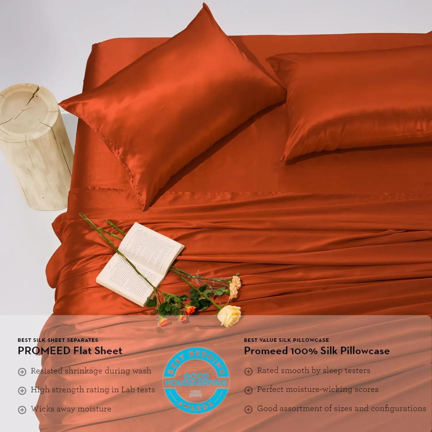 PROMEED Queen Silk Sheets Set 4pcs - 23 Momme - Mulberry Silk Bed Sheets Queen Set with Fitted & Flat Sheet and Pillowcases, Easy Care with Wash Bag (Dusk, Queen)