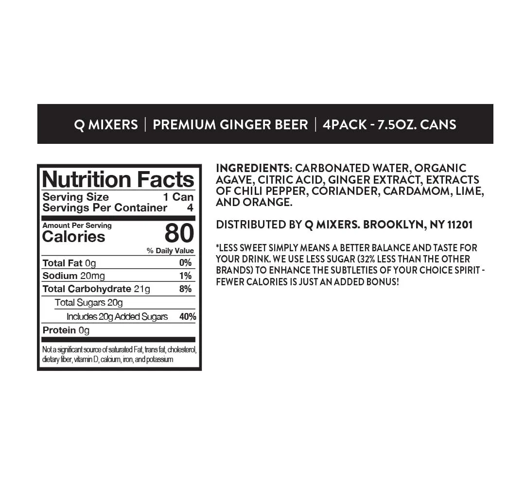 Q GINGER BEER with Real Ginger & Organic Agave - Ideal for Cocktails & Mocktails - Made with Real Ingredients, Perfectly Carbonated & Less Sweet - 80 Calories per Can - 7.5 Fl Oz Cans (Pack of 24)