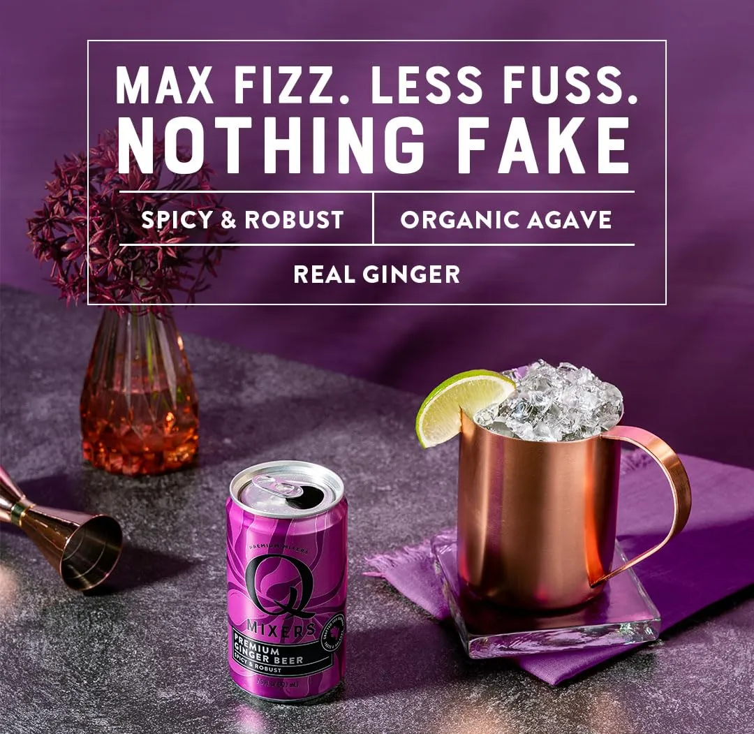 Q GINGER BEER with Real Ginger & Organic Agave - Ideal for Cocktails & Mocktails - Made with Real Ingredients, Perfectly Carbonated & Less Sweet - 80 Calories per Can - 7.5 Fl Oz Cans (Pack of 24)