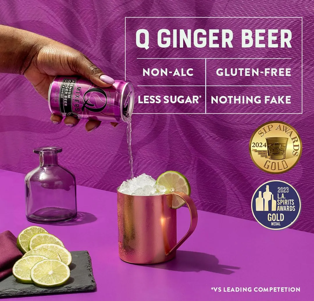 Q GINGER BEER with Real Ginger & Organic Agave - Ideal for Cocktails & Mocktails - Made with Real Ingredients, Perfectly Carbonated & Less Sweet - 80 Calories per Can - 7.5 Fl Oz Cans (Pack of 24)
