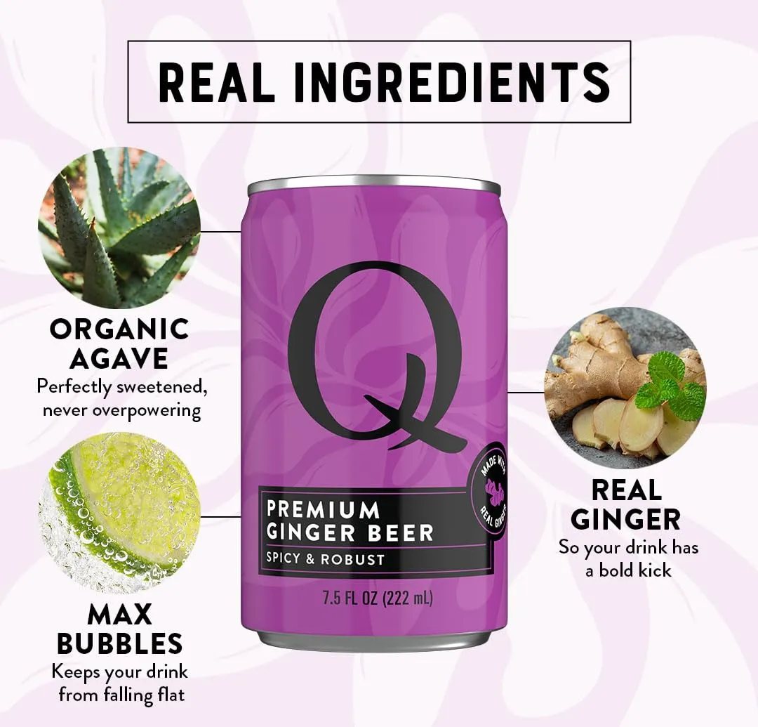 Q GINGER BEER with Real Ginger & Organic Agave - Ideal for Cocktails & Mocktails - Made with Real Ingredients, Perfectly Carbonated & Less Sweet - 80 Calories per Can - 7.5 Fl Oz Cans (Pack of 24)