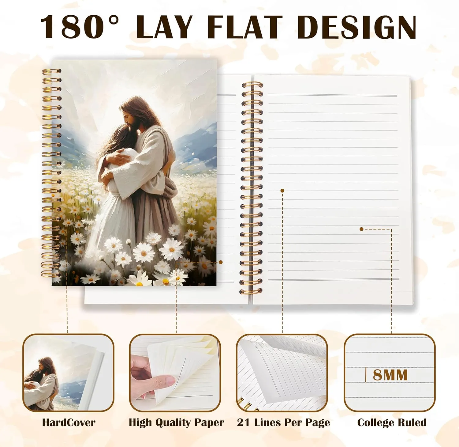 Qabliqo Jesus Hugging Woman Christian Spiral Notebooks, Daisy Flower Field Jesus Journals for Writing, Christian Journal for Women, Religious Notebook for Note Taking, 5.5x8.3 Inch