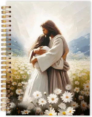 Qabliqo Jesus Hugging Woman Christian Spiral Notebooks, Daisy Flower Field Jesus Journals for Writing, Christian Journal for Women, Religious Notebook for Note Taking, 5.5x8.3 Inch