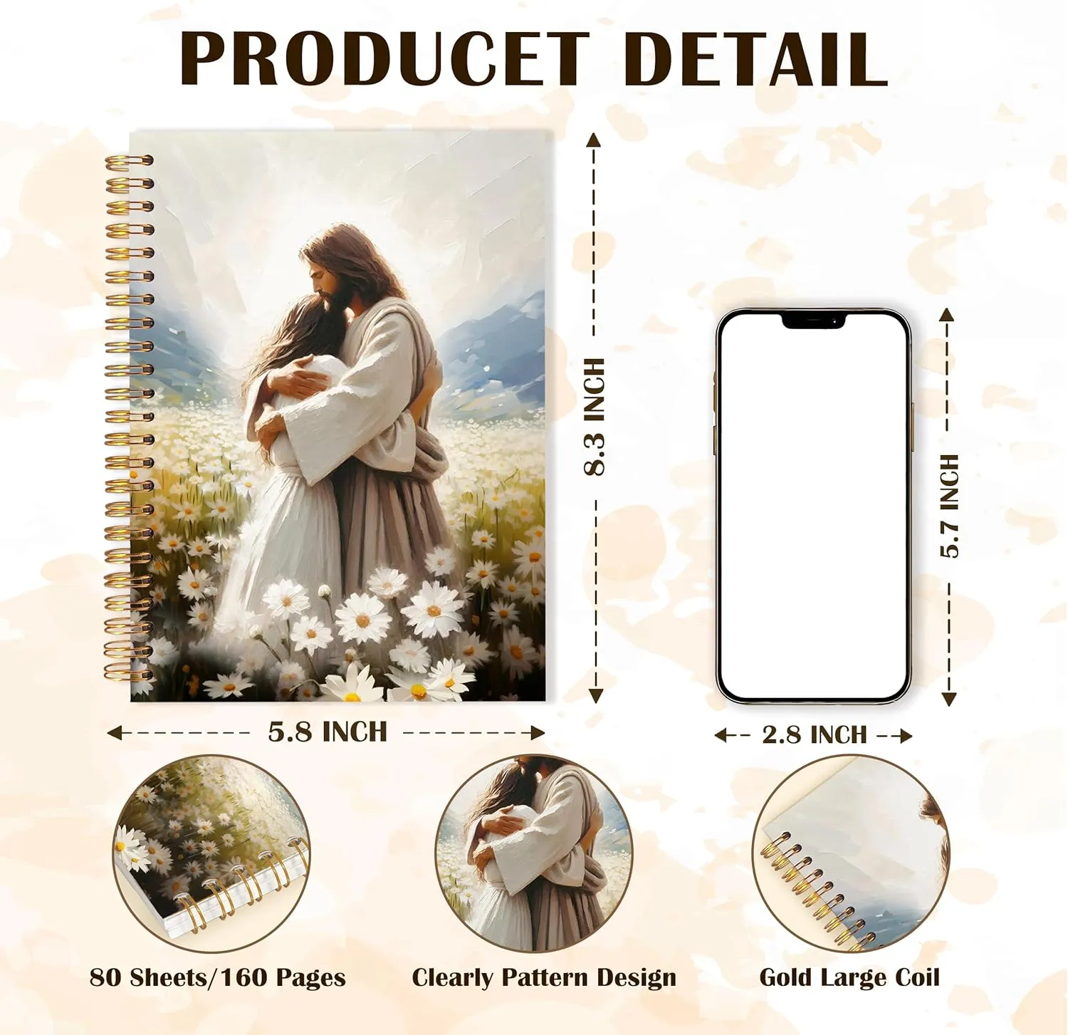 Qabliqo Jesus Hugging Woman Christian Spiral Notebooks, Daisy Flower Field Jesus Journals for Writing, Christian Journal for Women, Religious Notebook for Note Taking, 5.5x8.3 Inch