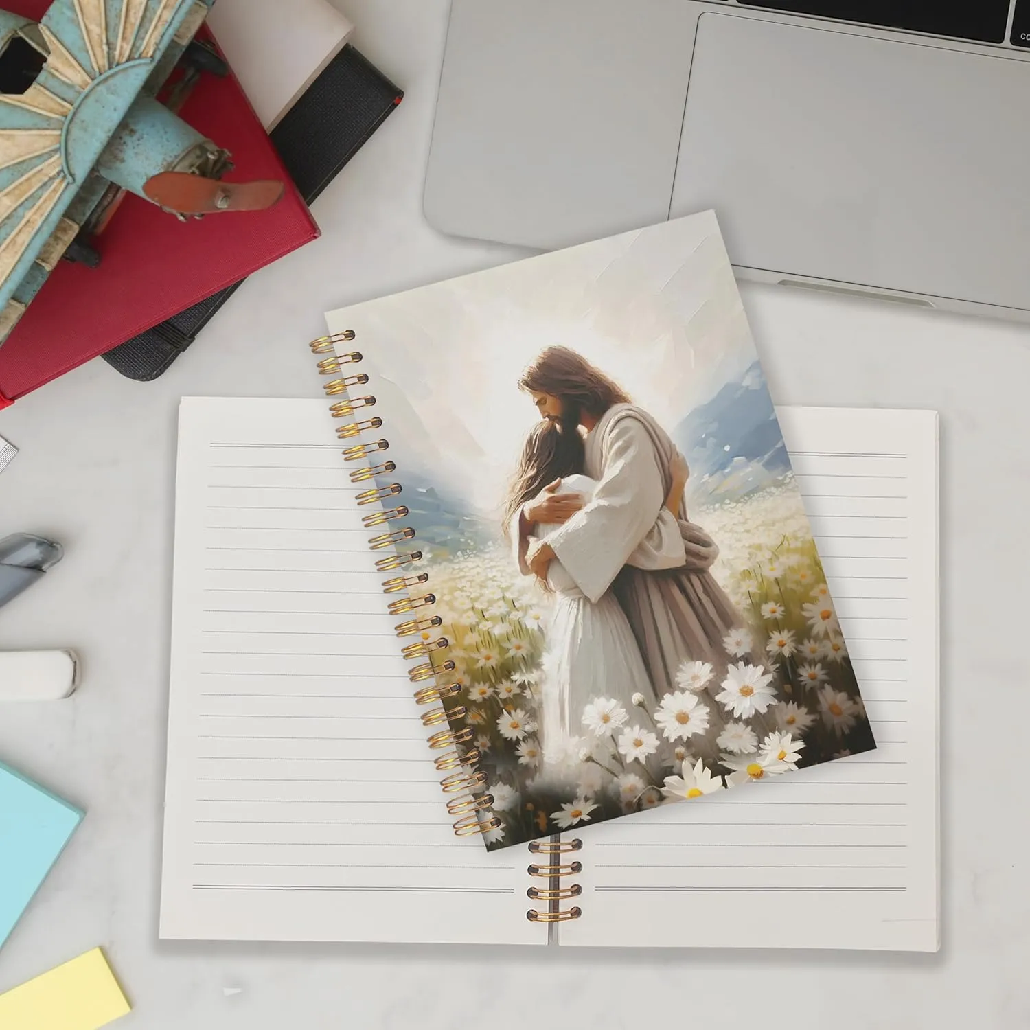 Qabliqo Jesus Hugging Woman Christian Spiral Notebooks, Daisy Flower Field Jesus Journals for Writing, Christian Journal for Women, Religious Notebook for Note Taking, 5.5x8.3 Inch