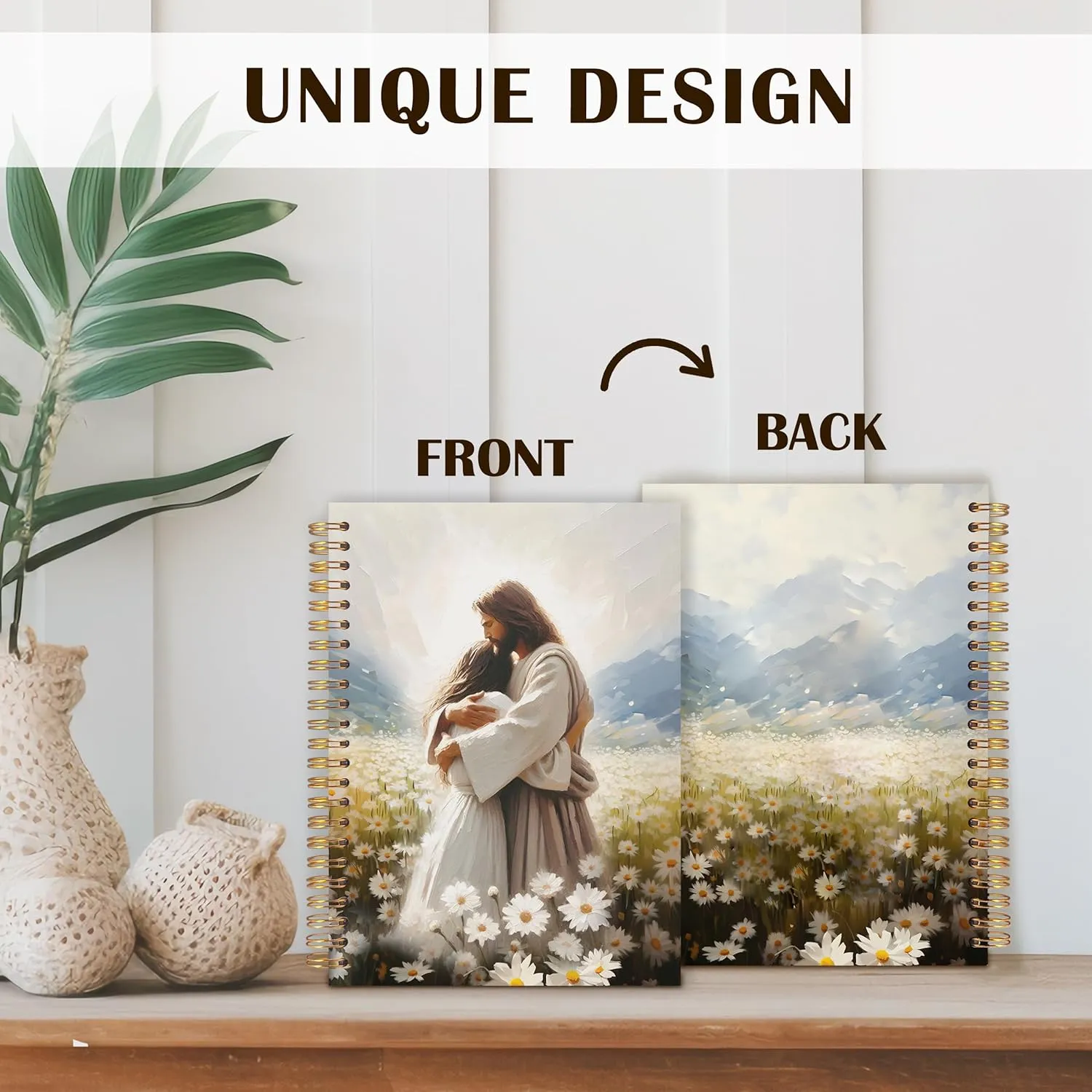 Qabliqo Jesus Hugging Woman Christian Spiral Notebooks, Daisy Flower Field Jesus Journals for Writing, Christian Journal for Women, Religious Notebook for Note Taking, 5.5x8.3 Inch