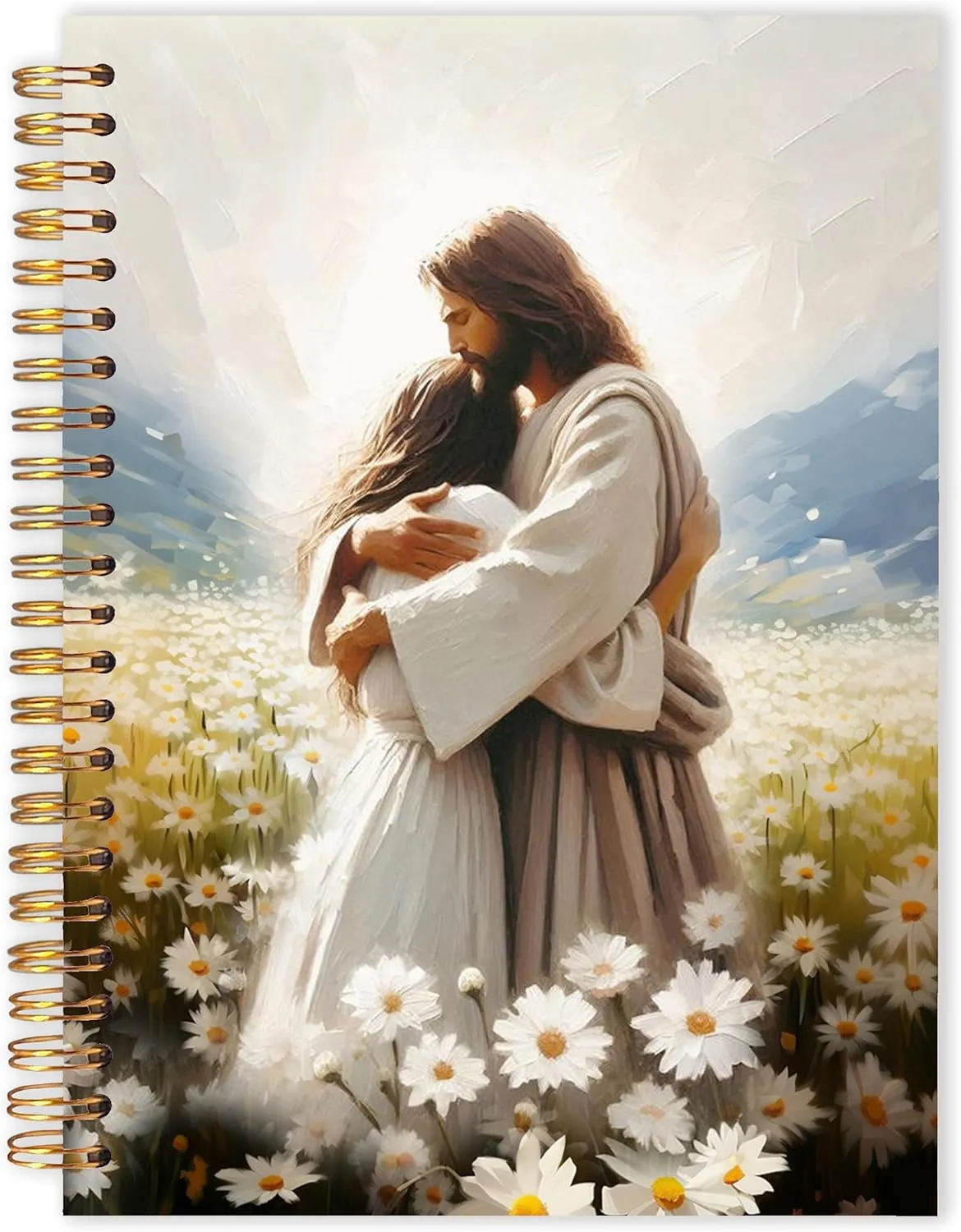 Qabliqo Jesus Hugging Woman Christian Spiral Notebooks, Daisy Flower Field Jesus Journals for Writing, Christian Journal for Women, Religious Notebook for Note Taking, 5.5x8.3 Inch