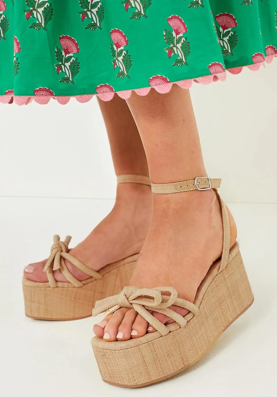 Raffia Platform Sandals for Women,Bow Ankle Strappy Espadrille Wedges Sandals Comfortable Square Open Toe Straw Sandals